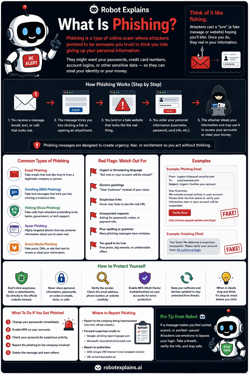 Robot Explains poster: What Is Phishing?